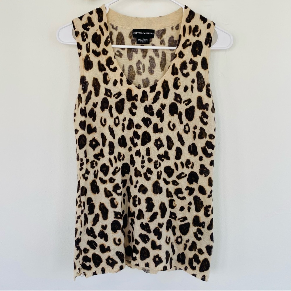 Sutton Cashmere Tan Brown Beige 100% Leopard Sweater Vest V-Neck